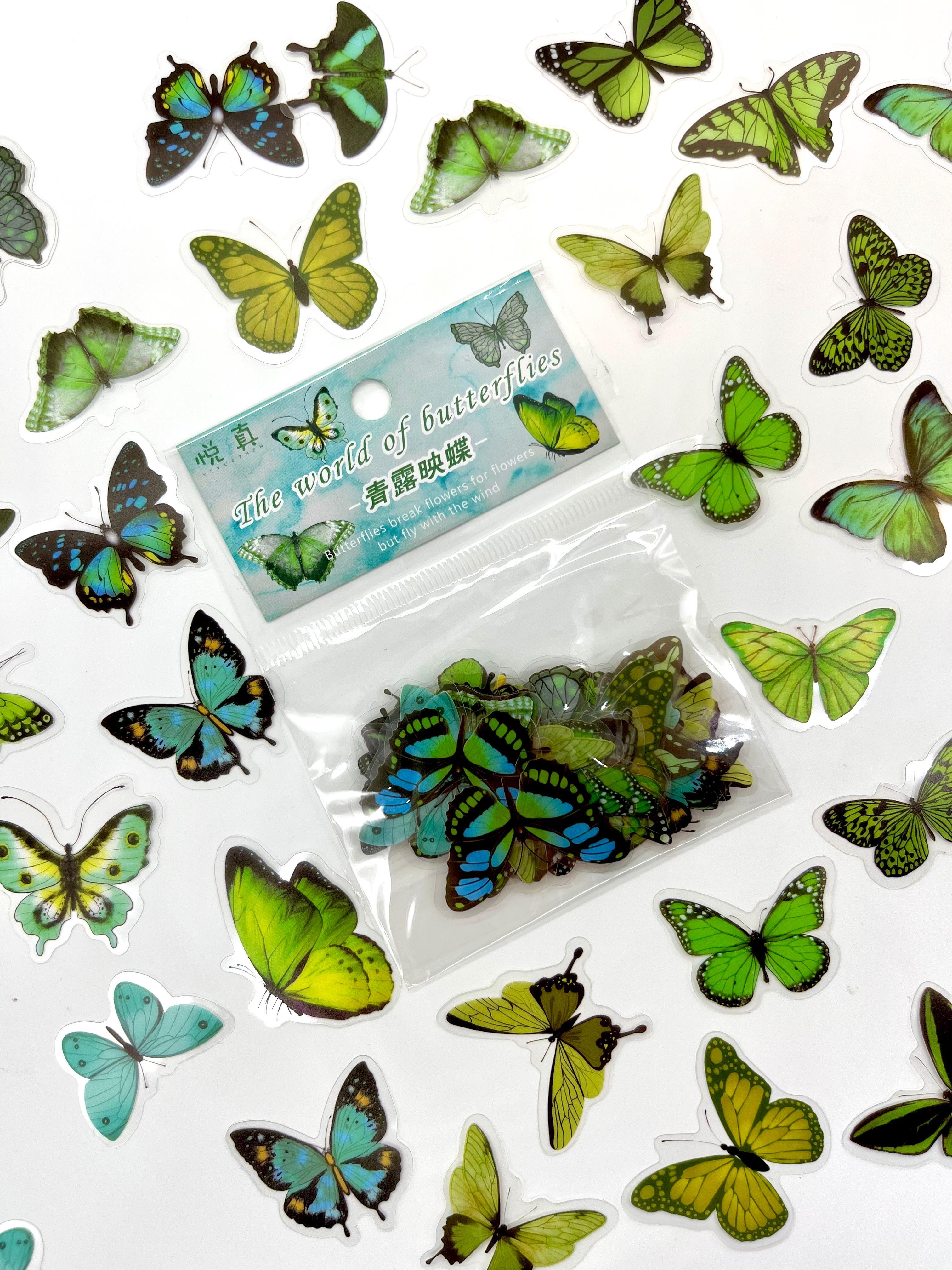 The World Of Butterflies Mini Kelebek Sticker Seti/40 Adet/Yeşil Tonlarında/Etiket/Çıkartma