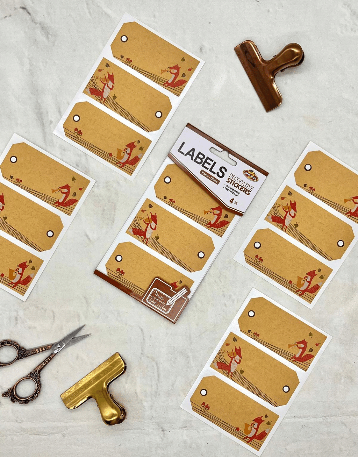 Tilki Desenli  Kraft Kağıt Yapışkanlı Etiket /Defter Etiketi/Sticker/Etiket