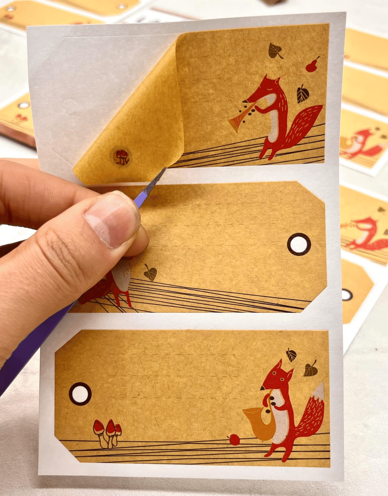 Tilki Desenli  Kraft Kağıt Yapışkanlı Etiket /Defter Etiketi/Sticker/Etiket