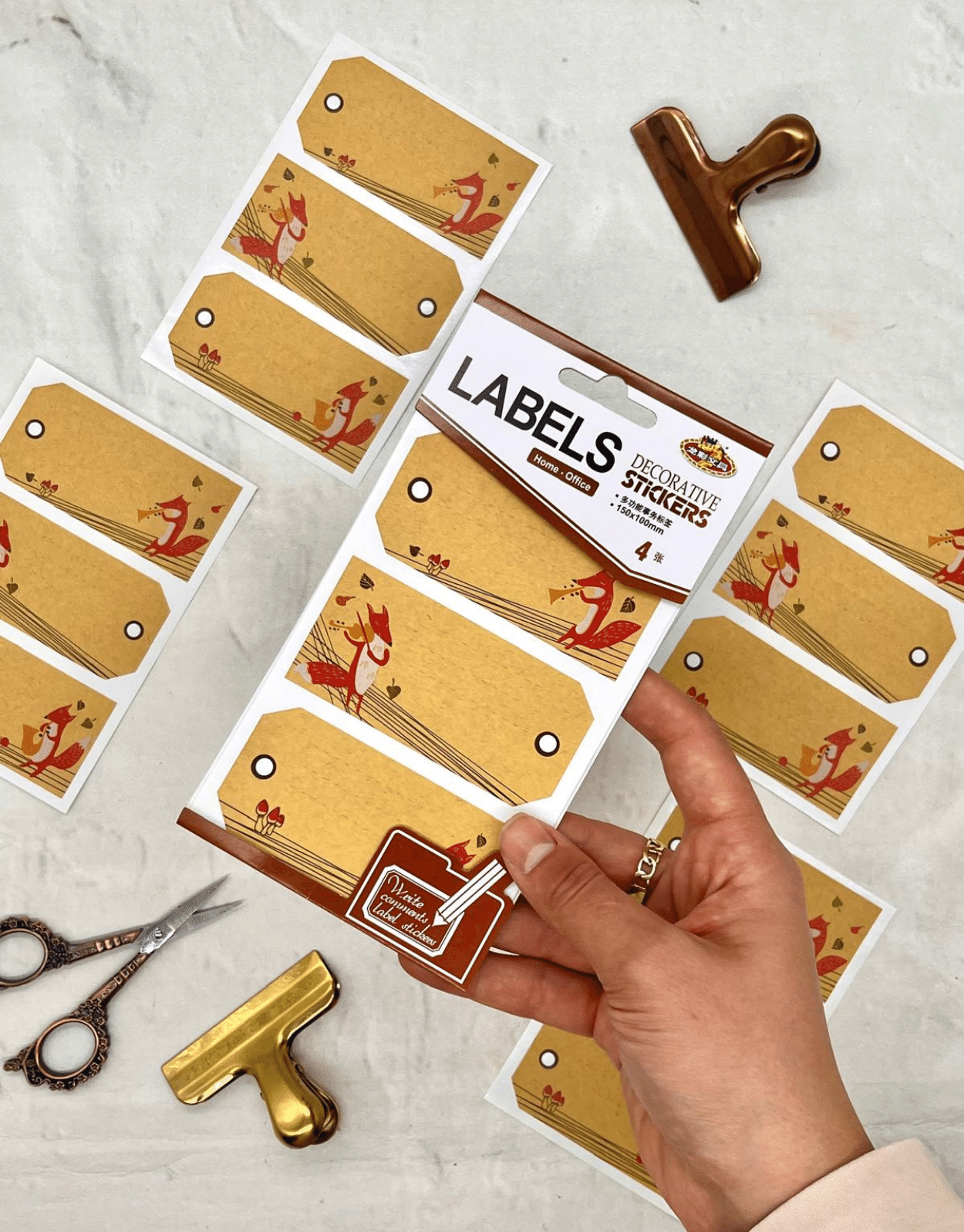 Tilki Desenli  Kraft Kağıt Yapışkanlı Etiket /Defter Etiketi/Sticker/Etiket
