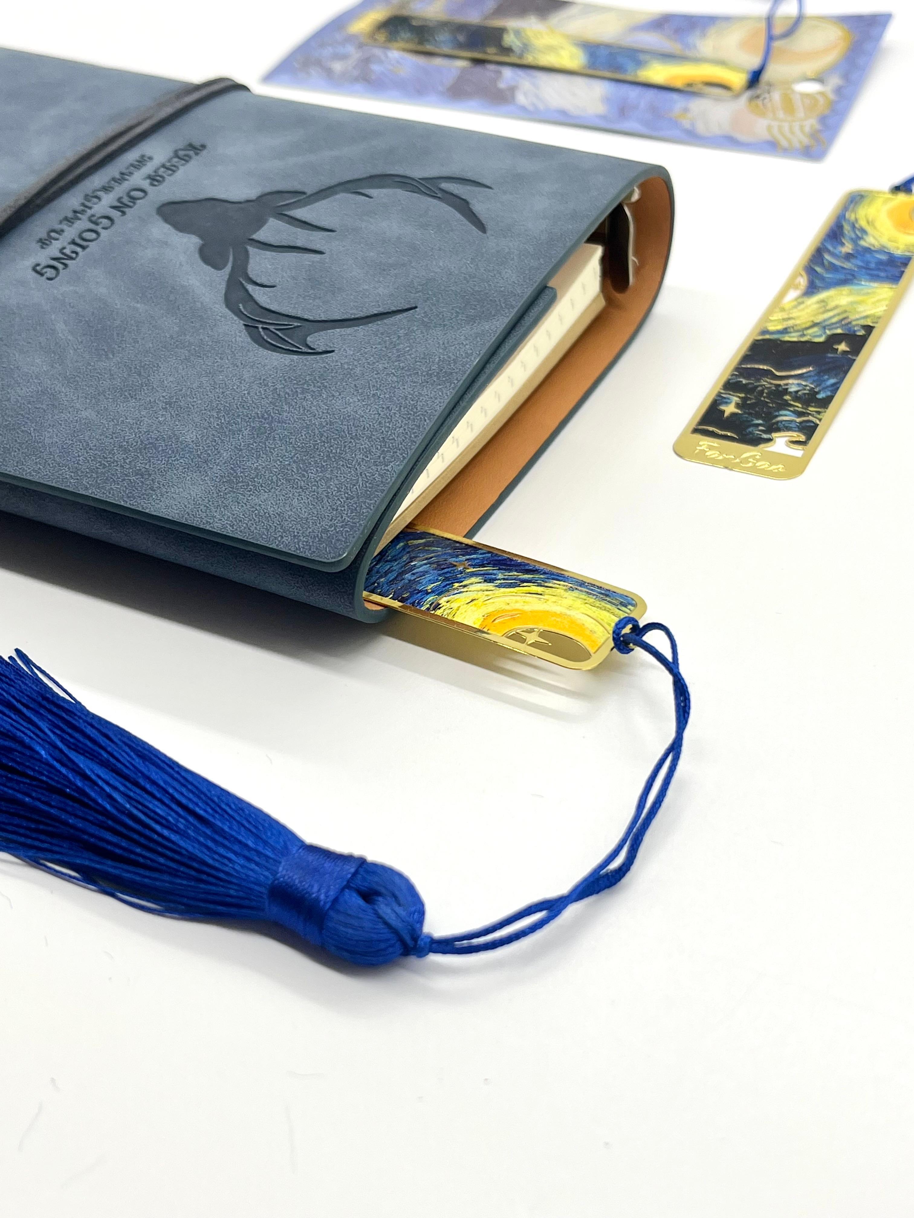 Van Gogh Yıldızlı Gece Esintili Lacivert Püskül Tasarımlı Metal Kitap Ayracı/Ataş/Yer İmi