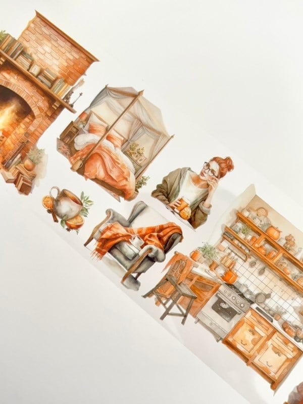 Vintage Autumn Cozy Room Sonbahar Ev Tasarımı 2m Washi Bant/Masking Tape/Desenli Bant/Bullet Journal
