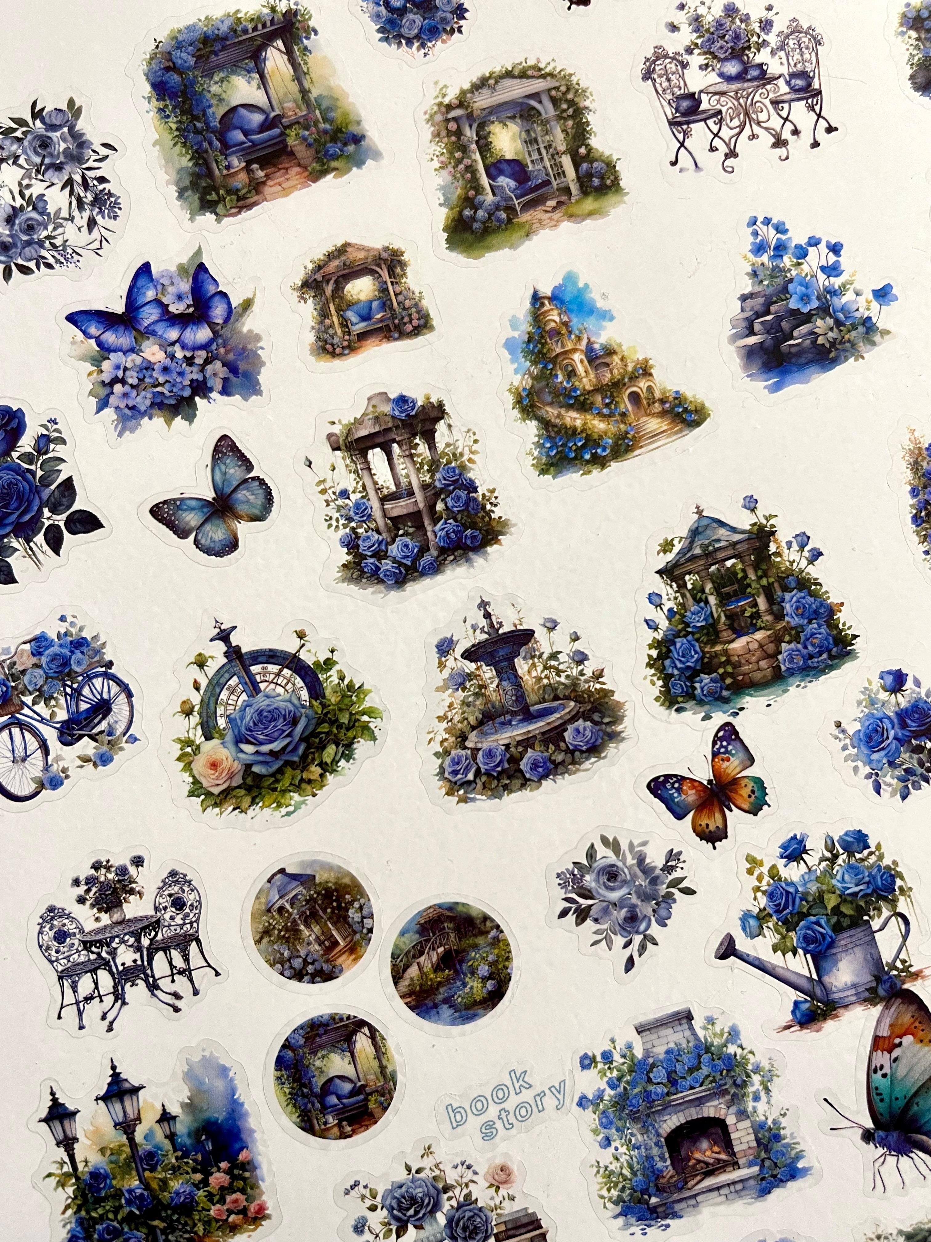 Vintage Blue Garden Mavi Gül ve Kelebek Temalı 25 Yaprak 145 Adet Sticker Seti/Etiket/Çıkartma