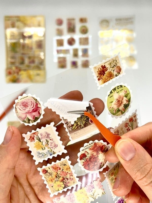Vintage Botanik Çiçek Ve Altın Yaldızlı Mühür Temalı 4Yaprak 60 Adet Pul Sticker Set/Etiket/Çıkartma