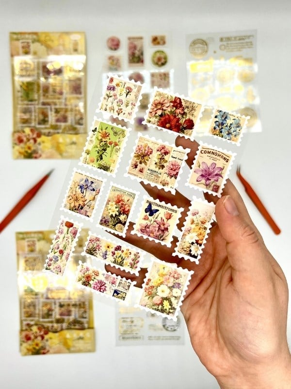 Vintage Botanik Çiçek Ve Altın Yaldızlı Mühür Temalı 4Yaprak 60 Adet Pul Sticker Set/Etiket/Çıkartma
