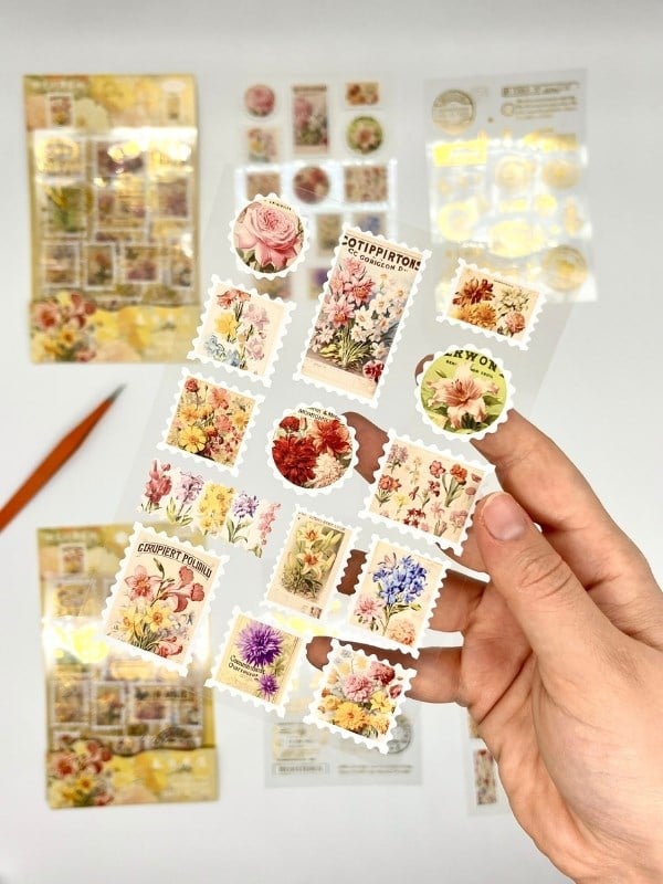 Vintage Botanik Çiçek Ve Altın Yaldızlı Mühür Temalı 4Yaprak 60 Adet Pul Sticker Set/Etiket/Çıkartma