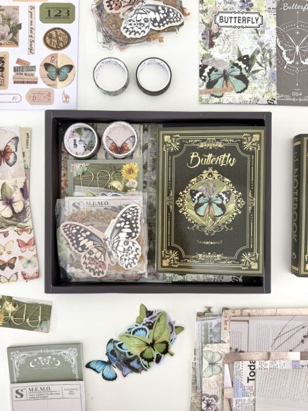 Vintage Butterfly Archive Kelebek Temalı 140 Parça Dopdolu Journal Scrapbook Seti/Defter/Washi Bant