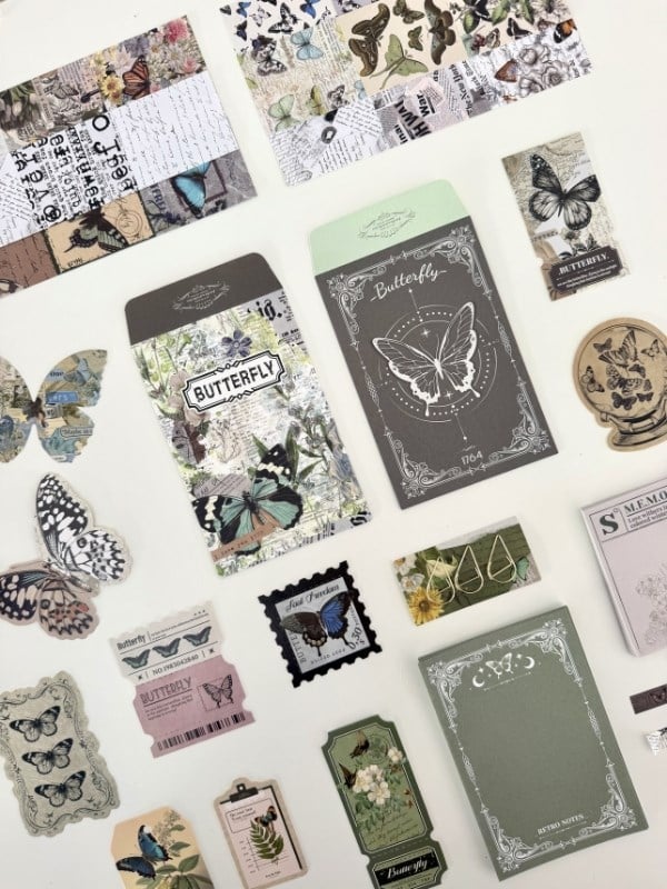 Vintage Butterfly Archive Kelebek Temalı 140 Parça Dopdolu Journal Scrapbook Seti/Defter/Washi Bant