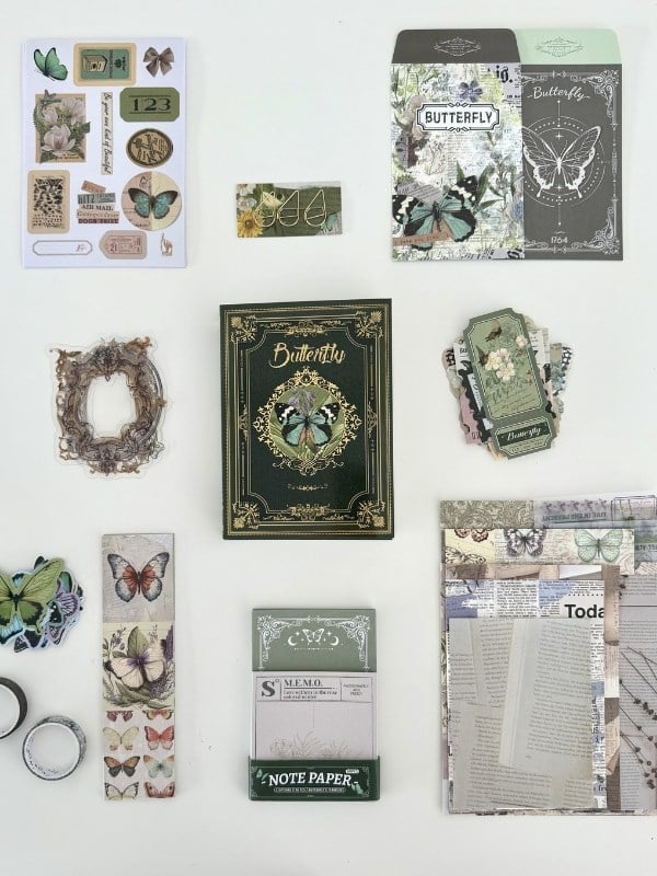 Vintage Butterfly Archive Kelebek Temalı 140 Parça Dopdolu Journal Scrapbook Seti/Defter/Washi Bant