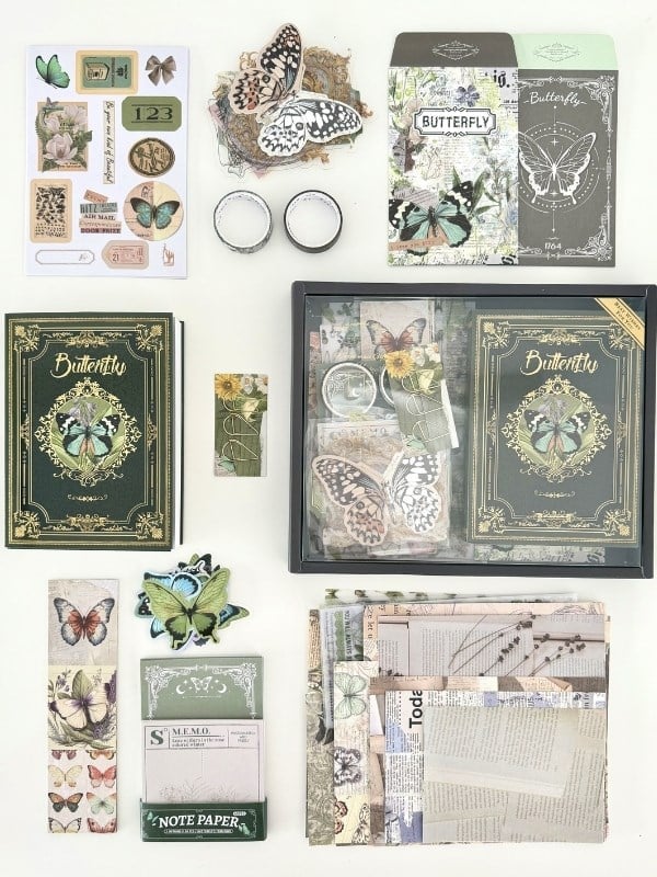 Vintage Butterfly Archive Kelebek Temalı 140 Parça Dopdolu Journal Scrapbook Seti/Defter/Washi Bant