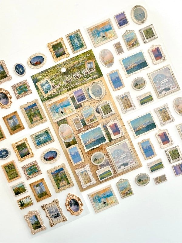 Vintage Claude Monet Tabloları Temalı 2 Yaprak 27 Adet Stereoskopik Sticker Seti/Etiket/Çıkartma