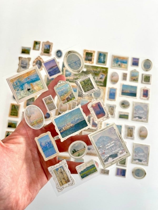 Vintage Claude Monet Tabloları Temalı 2 Yaprak 27 Adet Stereoskopik Sticker Seti/Etiket/Çıkartma