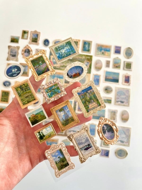 Vintage Claude Monet Tabloları Temalı 2 Yaprak 27 Adet Stereoskopik Sticker Seti/Etiket/Çıkartma