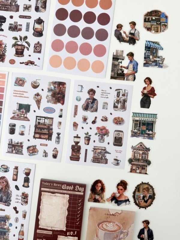 Vintage Coffee Time Kahve Temalı 147 Parça Dopdolu Journal Scrapbook Seti/Defter/Sticker/Washi Bant