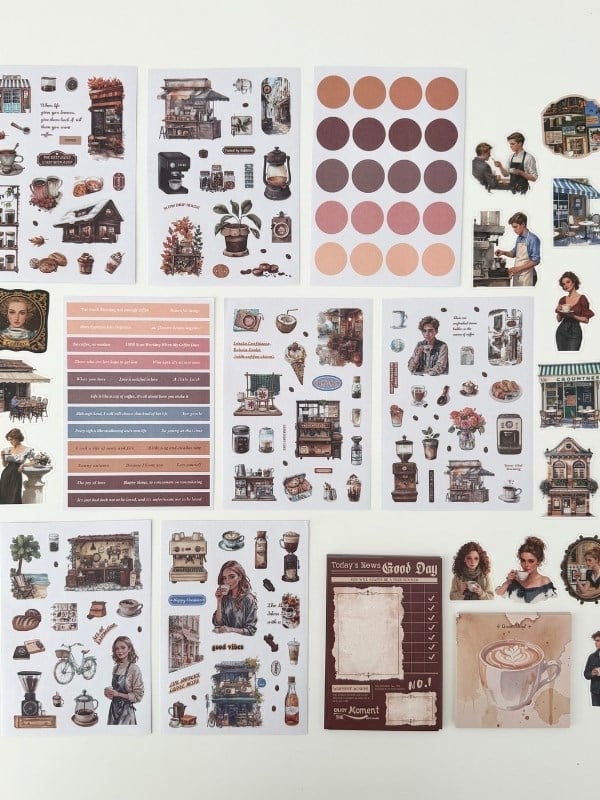 Vintage Coffee Time Kahve Temalı 147 Parça Dopdolu Journal Scrapbook Seti/Defter/Sticker/Washi Bant