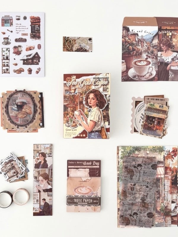 Vintage Coffee Time Kahve Temalı 147 Parça Dopdolu Journal Scrapbook Seti/Defter/Sticker/Washi Bant