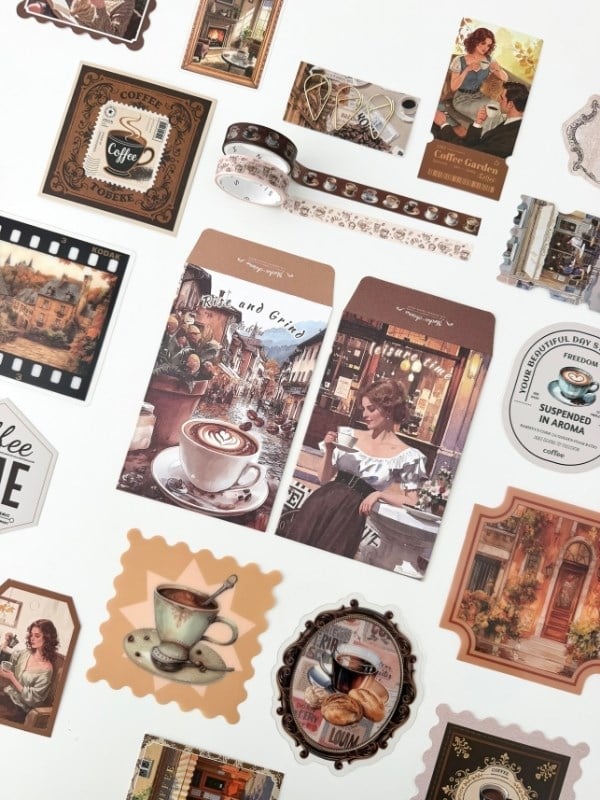 Vintage Coffee Time Kahve Temalı 147 Parça Dopdolu Journal Scrapbook Seti/Defter/Sticker/Washi Bant