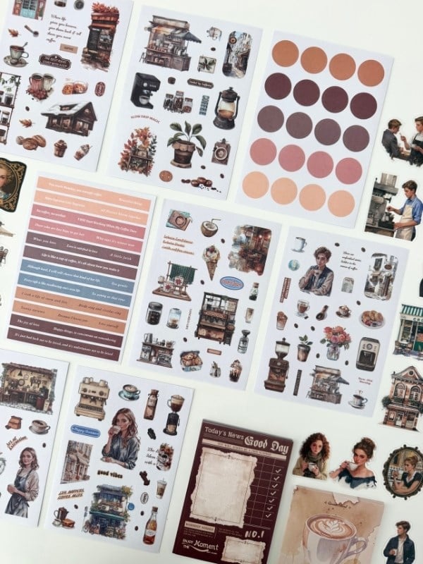 Vintage Coffee Time Kahve Temalı 147 Parça Dopdolu Journal Scrapbook Seti/Defter/Sticker/Washi Bant