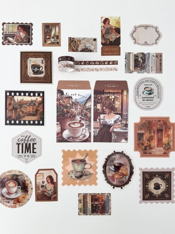 Vintage Coffee Time Kahve Temalı 147 Parça Dopdolu Journal Scrapbook Seti/Defter/Sticker/Washi Bant