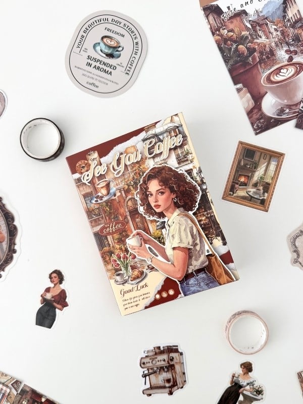 Vintage Coffee Time Kahve Temalı 147 Parça Dopdolu Journal Scrapbook Seti/Defter/Sticker/Washi Bant