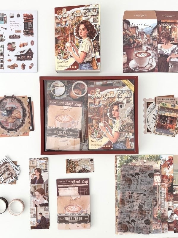 Vintage Coffee Time Kahve Temalı 147 Parça Dopdolu Journal Scrapbook Seti/Defter/Sticker/Washi Bant