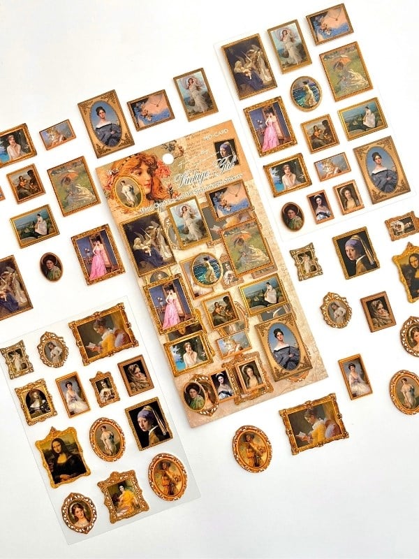 Vintage Girl Klasik Kadın Portre Tabloları Temalı 2 Yaprak 27 Adet Stereoskopik Sticker Seti/Etiket/Çıkartma