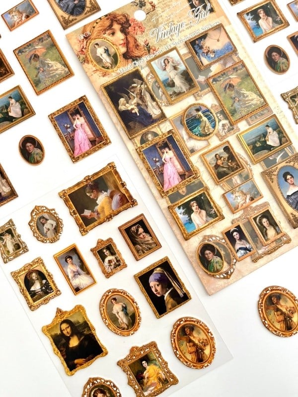 Vintage Girl Klasik Kadın Portre Tabloları Temalı 2 Yaprak 27 Adet Stereoskopik Sticker Seti/Etiket/Çıkartma
