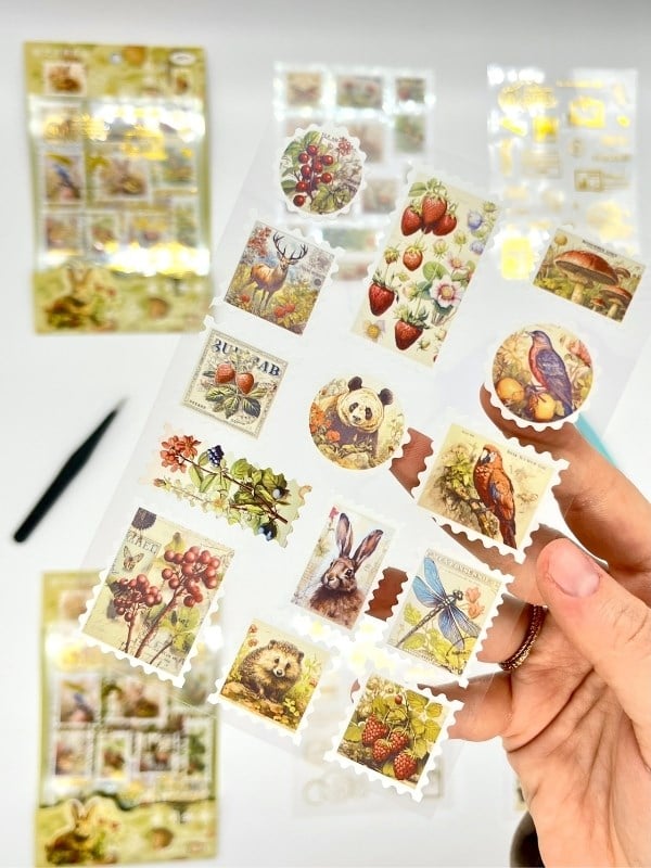 Vintage Hayvan & Meyve Ve Altın Yaldızlı Mühür Tema 4 Yaprak 75 Adet Pul Sticker Set/Etiket/Çıkartma