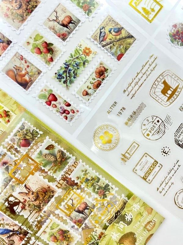 Vintage Hayvan & Meyve Ve Altın Yaldızlı Mühür Tema 4 Yaprak 75 Adet Pul Sticker Set/Etiket/Çıkartma
