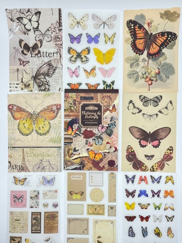 Vintage Kelebek Temalı 30 Yaprak 316 Adet Sticker 20 Yaprak Scrapbook Kağıdı Defteri/Etiket/Çıkartma
