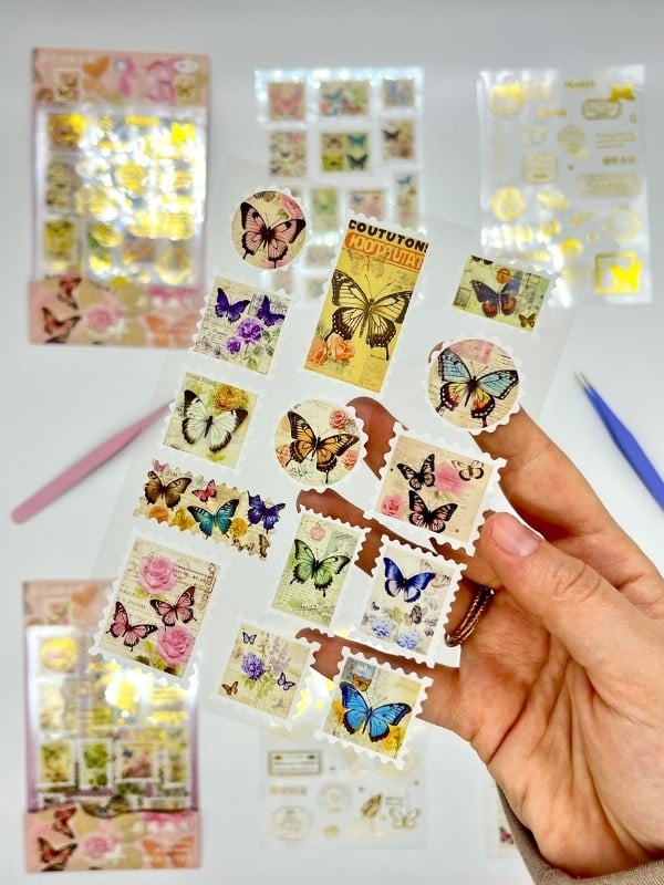 Vintage Kelebek Ve Altın Yaldızlı Mühür Temalı 4 Yaprak 68 Adet Pul Sticker Seti/Etiket/Çıkartma
