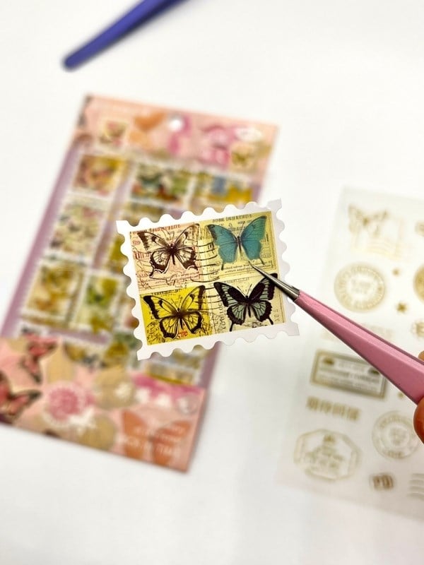 Vintage Kelebek Ve Altın Yaldızlı Mühür Temalı 4 Yaprak 68 Adet Pul Sticker Seti/Etiket/Çıkartma
