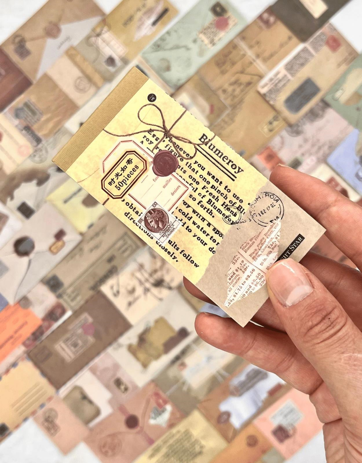 Vintage Mektup ve Zarf Desenli 50 Yaprak Sarı Defter Sticker / Bullet Journal / Scrapbook