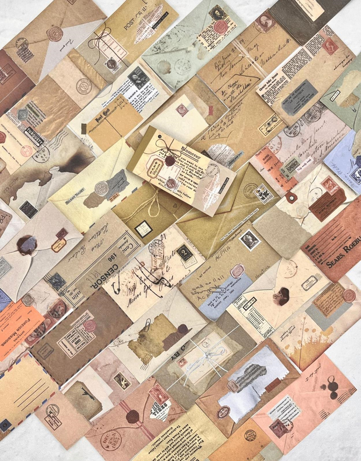 Vintage Mektup ve Zarf Desenli 50 Yaprak Sarı Defter Sticker / Bullet Journal / Scrapbook