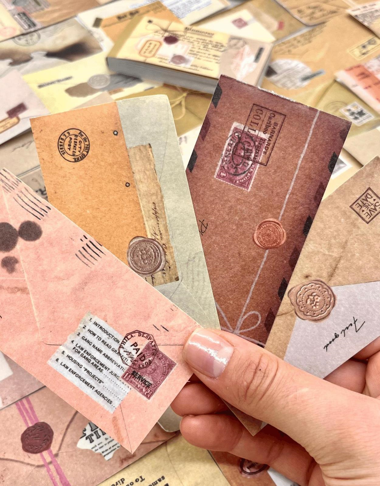 Vintage Mektup ve Zarf Desenli 50 Yaprak Sarı Defter Sticker / Bullet Journal / Scrapbook