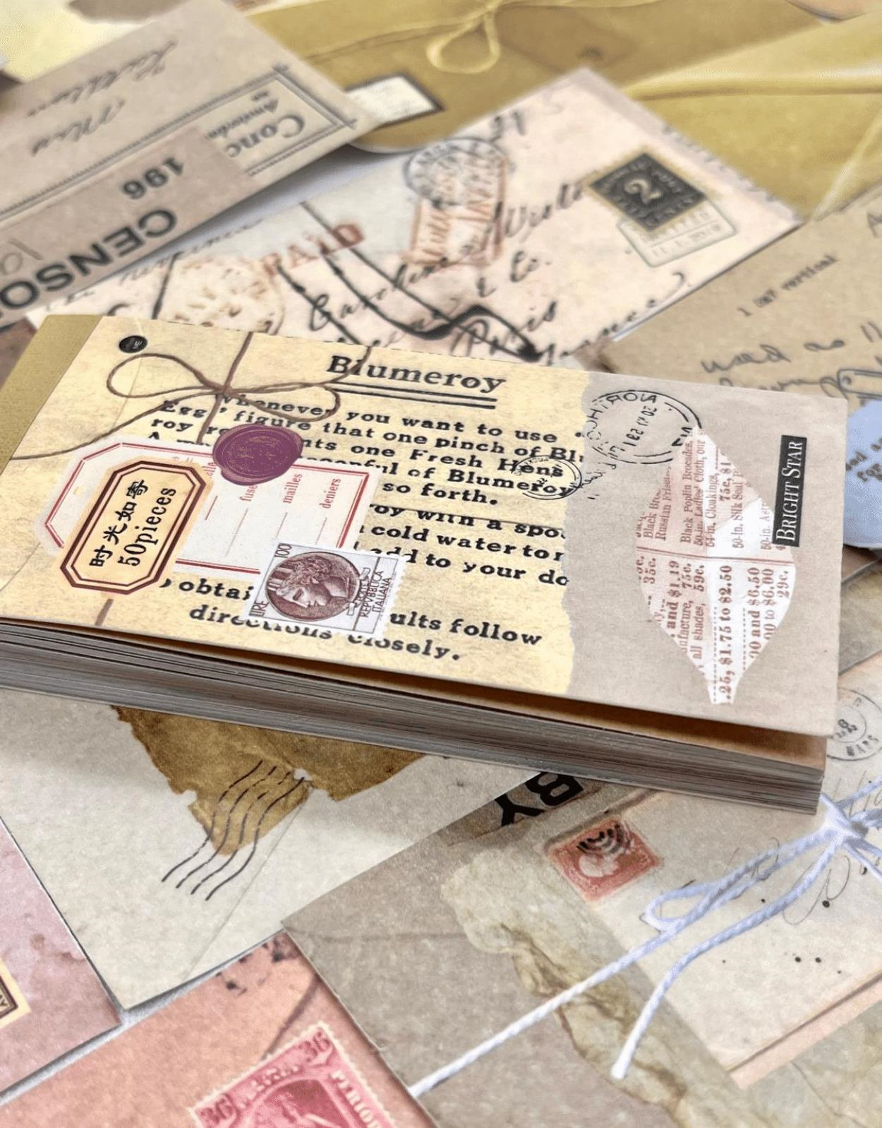 Vintage Mektup ve Zarf Desenli 50 Yaprak Sarı Defter Sticker / Bullet Journal / Scrapbook