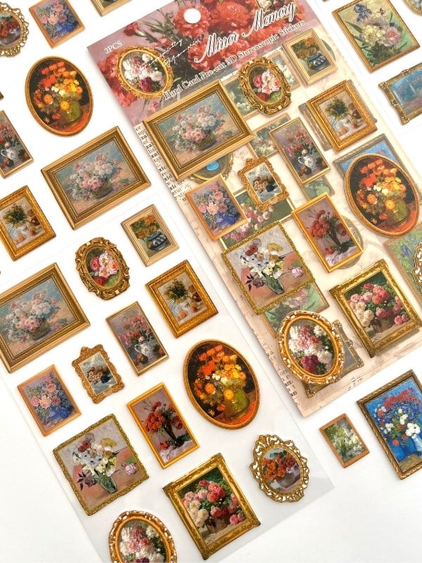 Vintage Mirror Memory Çiçek Tabloları Temalı 2 Yaprak 27 Adet Stereoskopik Sticker Seti/Etiket/Çıkartma