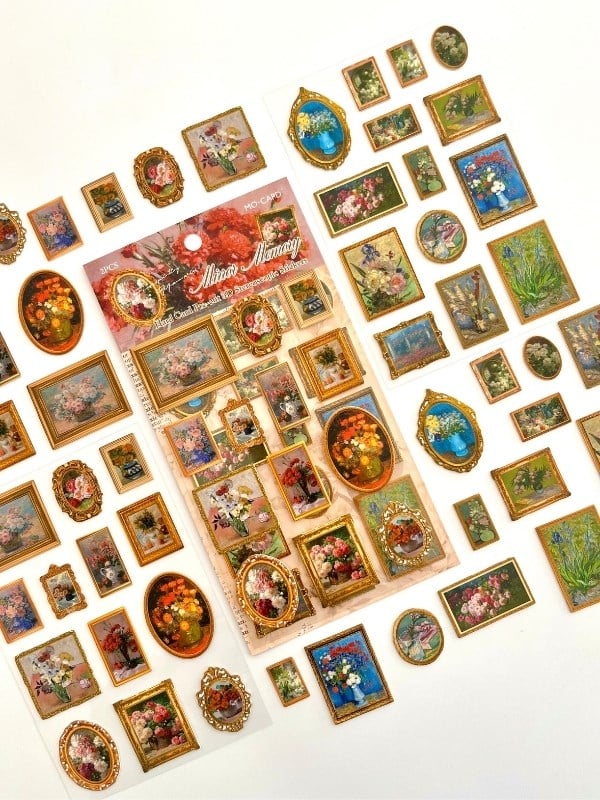 Vintage Mirror Memory Çiçek Tabloları Temalı 2 Yaprak 27 Adet Stereoskopik Sticker Seti/Etiket/Çıkartma