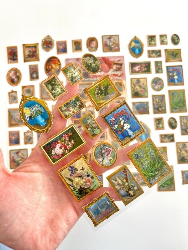 Vintage Mirror Memory Çiçek Tabloları Temalı 2 Yaprak 27 Adet Stereoskopik Sticker Seti/Etiket/Çıkartma