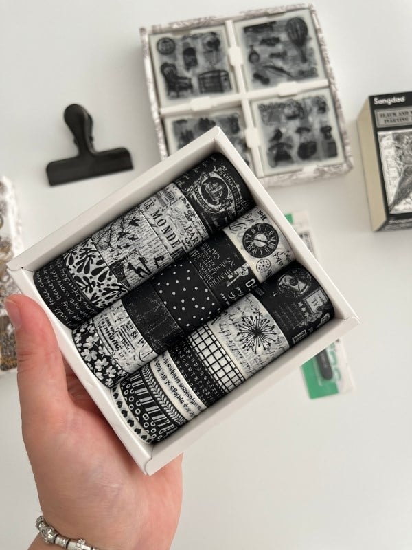Vintage Monochrome Memories 4 Parça Siyah&Beyaz Journal Seti/ Washi Bant / Sticker / Cımbız / Klips