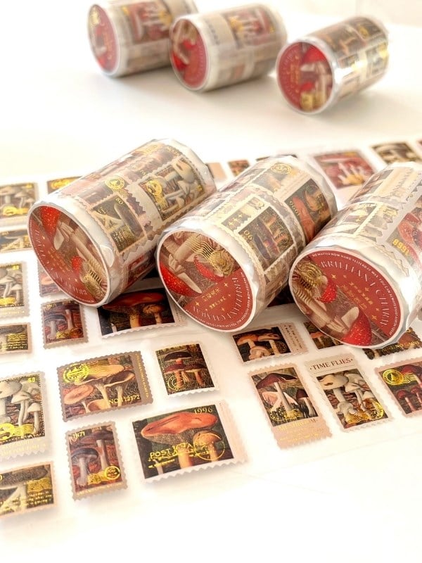 Vintage Mushroom Stamps 2m 126 Adet Pul Sticker Washi Bant/Masking Tape/Desenli Bant/Etiket/Çıkartma