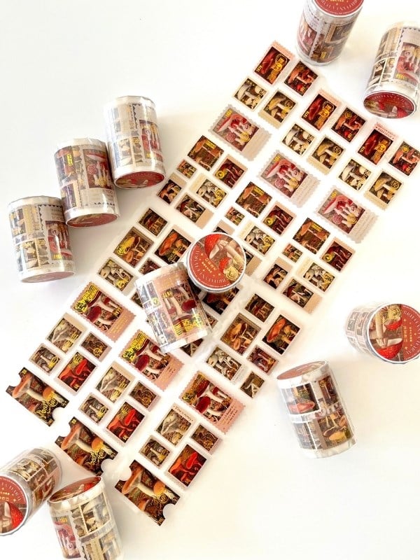 Vintage Mushroom Stamps 2m 126 Adet Pul Sticker Washi Bant/Masking Tape/Desenli Bant/Etiket/Çıkartma