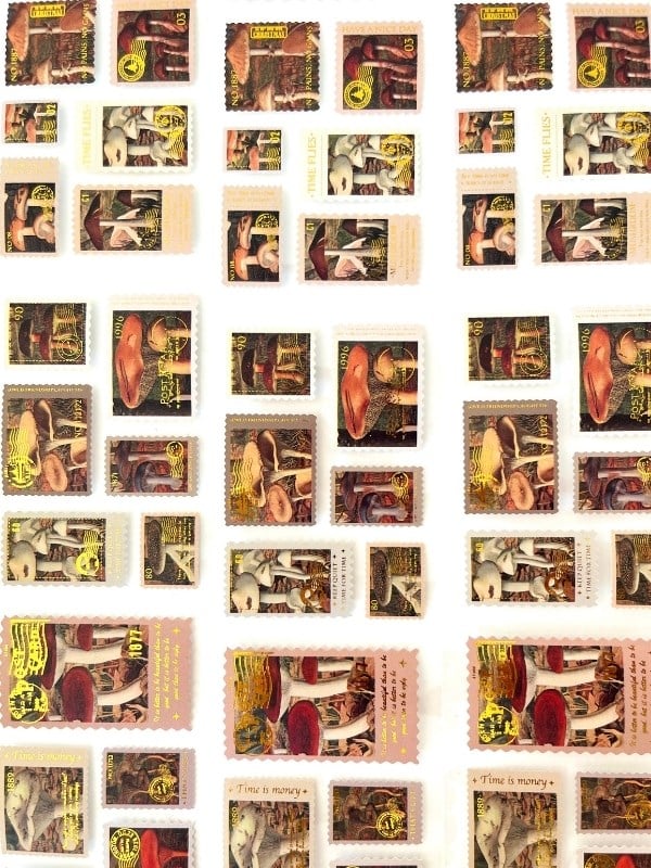 Vintage Mushroom Stamps 2m 126 Adet Pul Sticker Washi Bant/Masking Tape/Desenli Bant/Etiket/Çıkartma