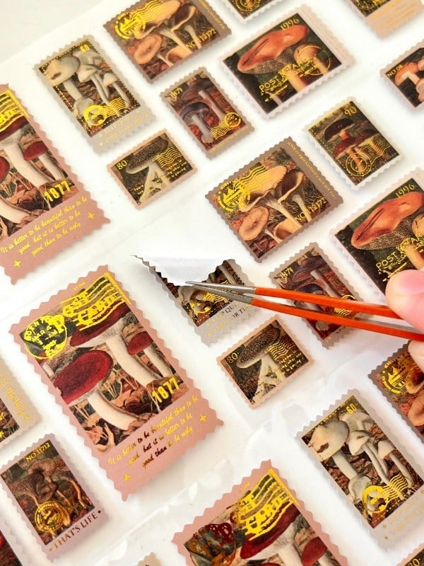 Vintage Mushroom Stamps 2m 126 Adet Pul Sticker Washi Bant/Masking Tape/Desenli Bant/Etiket/Çıkartma