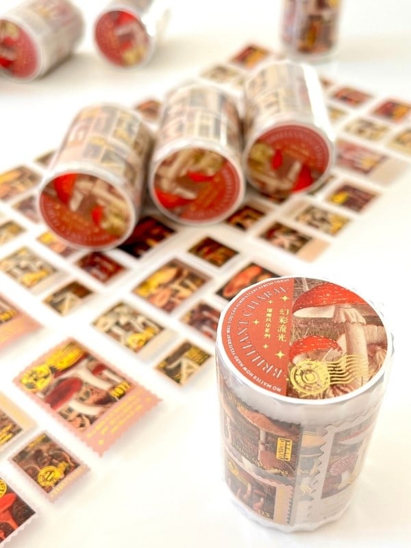 Vintage Mushroom Stamps 2m 126 Adet Pul Sticker Washi Bant/Masking Tape/Desenli Bant/Etiket/Çıkartma