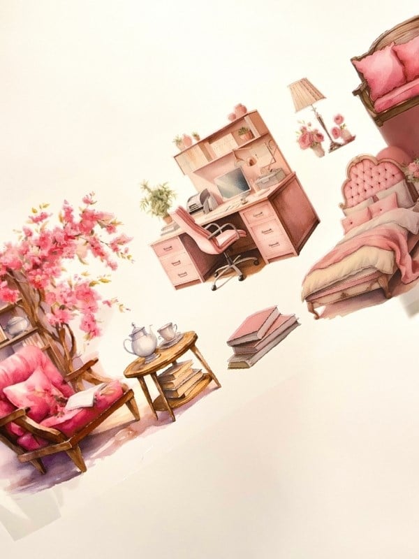 Vintage Pink Cozy Room Pembe Ev Tasarımı 2m Washi Bant/Masking Tape/Desenli Bant/Bullet Journal