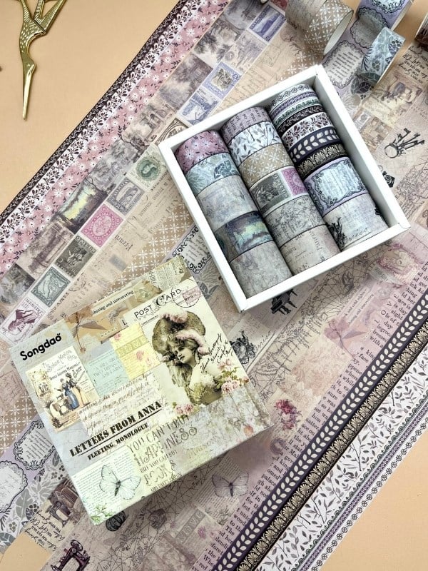 Vintage Retro Temalı 20’li  Washi Bant Seti – Letters from Anna Serisi (20*2 m) /Masking Tape/ Desenli Bant