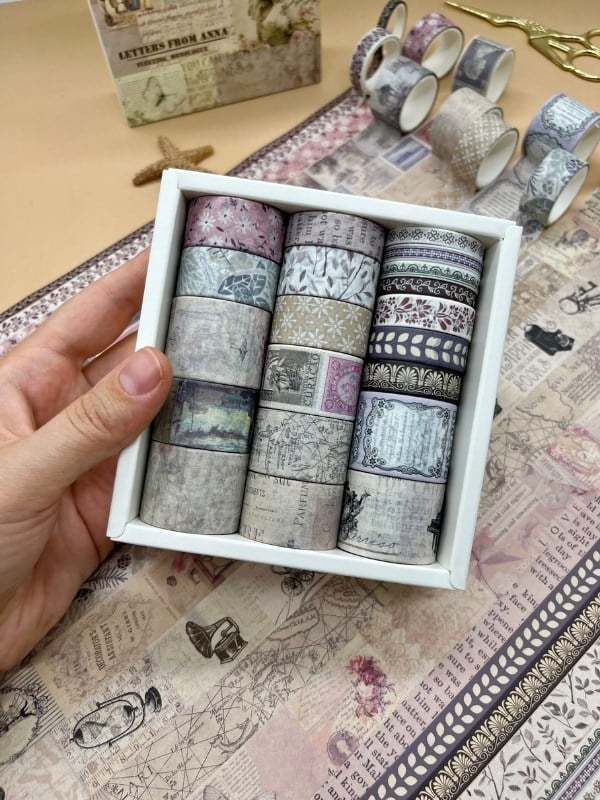 Vintage Retro Temalı 20’li  Washi Bant Seti – Letters from Anna Serisi (20*2 m) /Masking Tape/ Desenli Bant