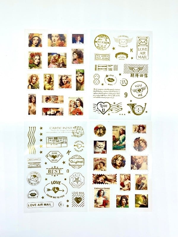 Vintage Romance Ve Altın Yaldızlı Mühür Temalı 4 Yaprak 65 Adet Pul Sticker Seti/Etiket/Çıkartma