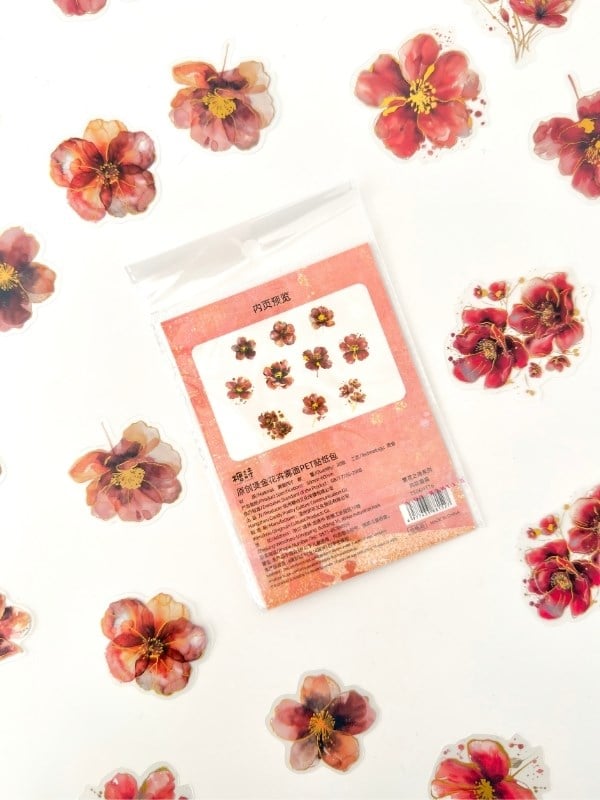Vintage Romantic Floral Altın Yaldızlı Kırmızı Çiçekler 20 Adet Sticker Seti/Etiket/Çıkartma